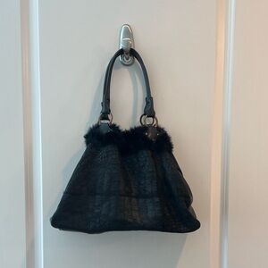 Claudia Firenze Black Leather Fur Trimmed Handbag